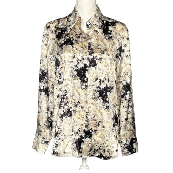 Vince Painted Crema Blouse 100% Silk Size Medium FloraL Black Cream Luxury Artsy - Picture 9 of 10
